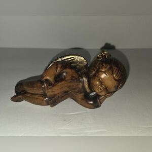Vintage Resin Wood Bronze Cherub Angel Playing Laying Sleeping Candle Holder 5”